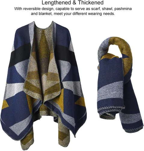 Miniatura 4 de OOPOR Chal cálido de invierno para mujer, capa de lana de punto para otoño, ponchos a cuadros, suéter, bufanda de forro polar