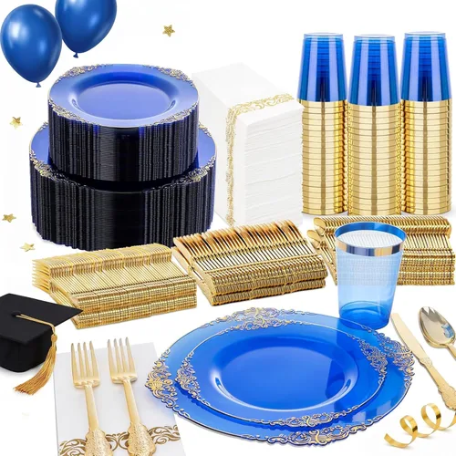 Miniatura 13 de Nervure 350 platos de plástico dorados, juegos de vajilla de plástico dorado para 50 invitados, 100 platos desechables, 150 cubiertos, 50 tazas, 50