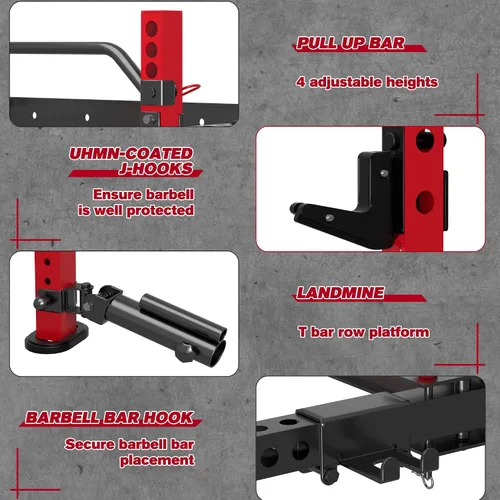 Miniatura 6 de MU 5.08 cm x 5.08 cm Estante Plegable para Sentadillas, Estante de Potencia Montado en Pared de 499KG con Barra Ajustable para Flexiones, Ganchos
