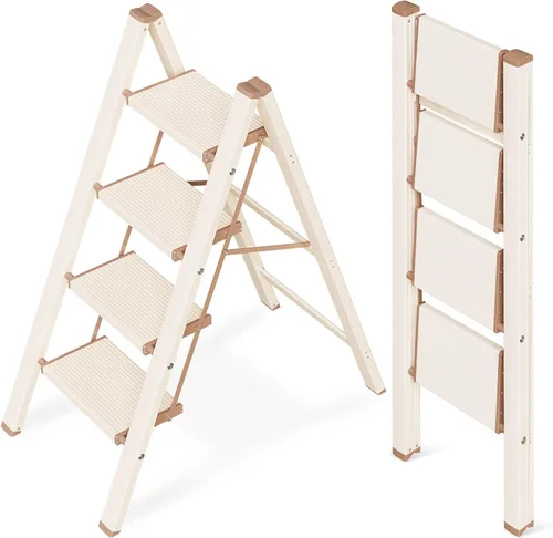 Miniatura 12 de Escalera de 2 escalones, taburete plegable de aluminio de 2 escalones con pedal antideslizante resistente y ancho, escalera portátil ligera para uso
