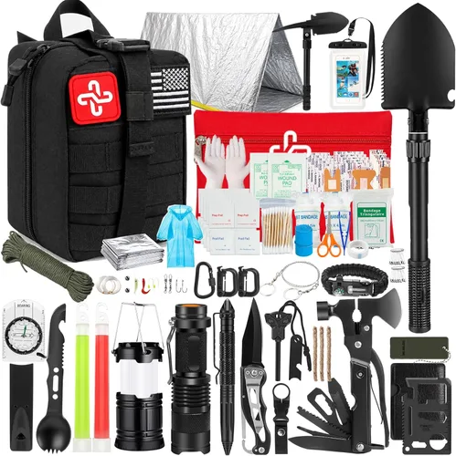 Kit de supervivencia, 250 piezas de equipo de supervivencia kit de primeros auxilios con bolsa compatible con sistema Molle y tienda de emergencia,