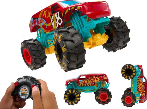 Miniatura 4 de Hot Wheels RC Monster Trucks HW Demo Derby en escala 1:15, camión de juguete con control remoto con neumáticos de acción de terreno