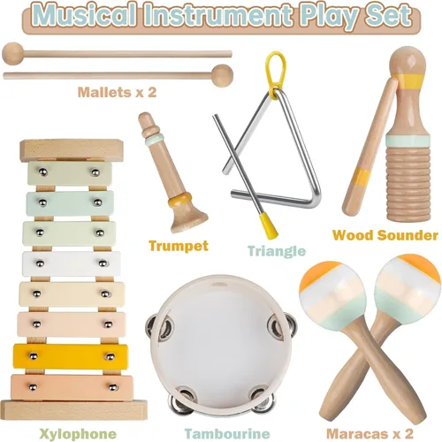 Miniatura 7 de Instrumentos musicales para bebés - Juguetes musicales de colores neutros para niños pequeños de 1 a 3 años, juego de instrumentos de percusión