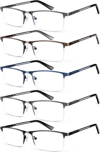 KONHAGO Lentes de lectura con bloqueo de luz azul para hombres, lectores de metal de medio marco, con bisagra de resorte, antifatiga ocular,