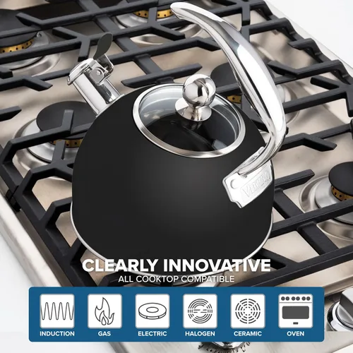 Miniatura 5 de Viking Tetera de acero inoxidable de 3 capas, olla de agua caliente de 2.6 cuartos de galón con tapa de vidrio templado, mango ergonómico, listo