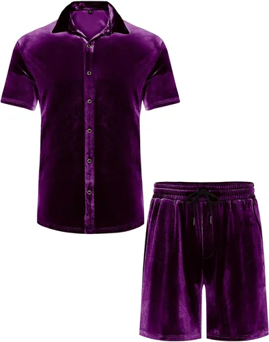 Miniatura 55 de LecGee Conjunto de pantalones cortos casuales de verano para hombre, camisa de terciopelo de manga corta con botones, pantalones cortos de cintura