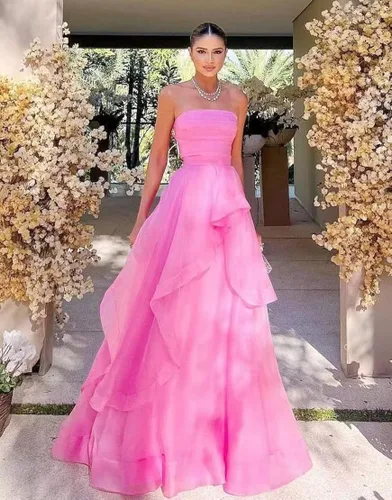 Miniatura 2 de Vestidos de fiesta sin tirantes largos con cordones en la espalda vestido de tul mujeres formal A-Line tubo volante DR0181