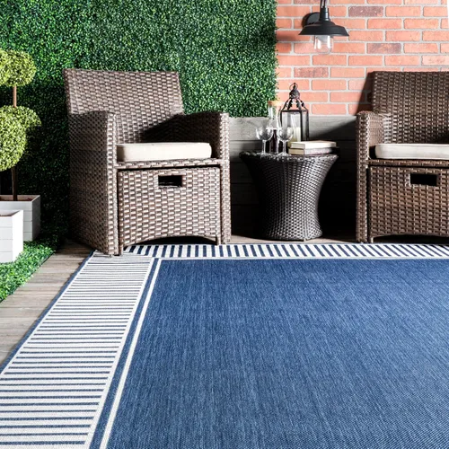 Miniatura 5 de nuLOOM Tapete de área para exteriores, diseño informal con borde a rayas, resistente a las manchas, altamente duradero, para patio, balcón, Azul