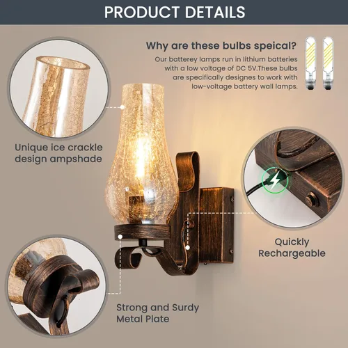 Miniatura 5 de Vintage Farmhouse Wall Sconces, Battery Operated Wall Lamps, Rechargeable Wall Lights, Ice Crackle Glass Rustic Non-Hardwired Antique Kerosene Wall