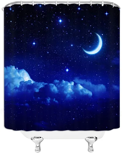 Miniatura 2 de AMFD Cortina de ducha con luna increíble, hermosa fantasía, cielo estrellado, luna brillante, azul, azul marino, negro, cortinas de baño, decoración