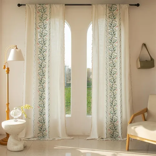Miniatura 24 de BHUSB Cortinas rústicas para sala de estar de 63 pulgadas de largo, cortinas de ventana de lino y algodón con estampado floral bohemio, cortinas