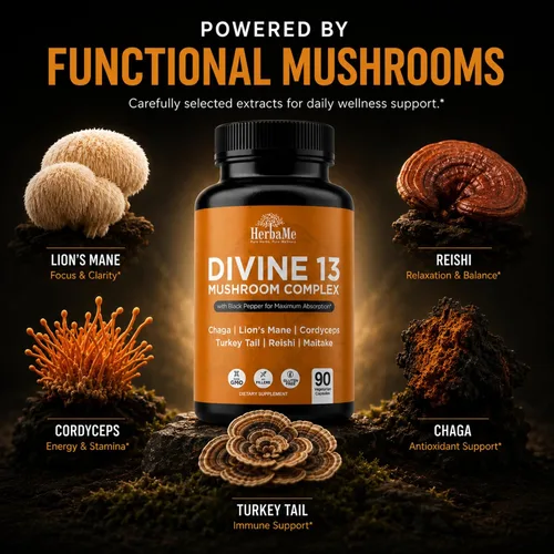 Miniatura 3 de HerbaMe 13 cápsulas complejas de extracto de hongos con melena de león, cordyceps, cola de pavo, reishi y chaga, suplemento de apoyo cerebral