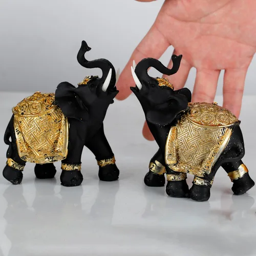 Miniatura 3 de Juego de decoración de elefante de la suerte con troncos – Feng Shui resina negro y dorado pareja elefante figuritas – Par de estatuas de elefantes