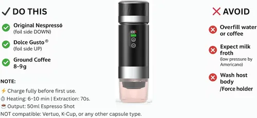 Miniatura 2 de Cafetera portátil KF-JN-03 con pantalla digital y presión de 20 bares, infusión caliente y fría, compatible con café molido y cápsulas, diseño