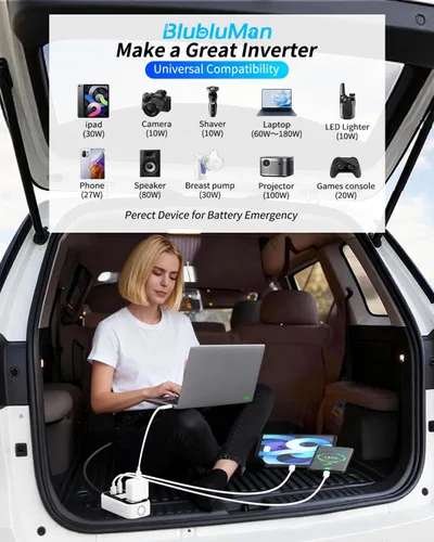 Miniatura 6 de Inversor de corriente para auto de 200 W, Blubluman CC 12 V a 110 V CA, adaptador de toma de enchufe para automóvil con cargador PD de 30 W