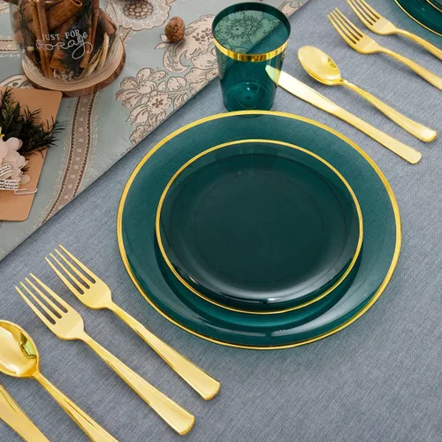 Miniatura 6 de LIYH - 180 platos navideños de plástico transparente y verde dorado, juego de vajilla de plástico desechable verde esmeralda, incluye platos