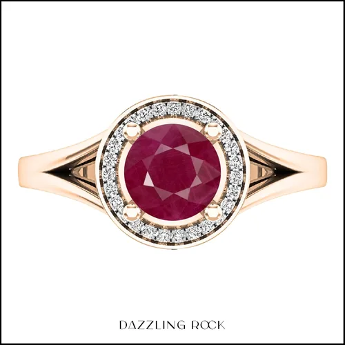 Miniatura 231 de Dazzlingrock Collection Anillo de compromiso redondo de 0.276 in con halo de diamante blanco y vástago dividido para ella en oro macizo de 14