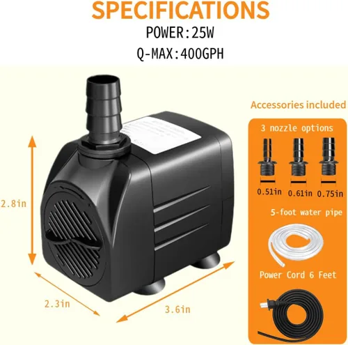 Miniatura 2 de Bomba de agua sumergible de 400 GPH (1500 L/H 25 W), bomba de fuente de agua ultra silenciosa con elevación de 6.5 pies de alto, flujo ajustable 3