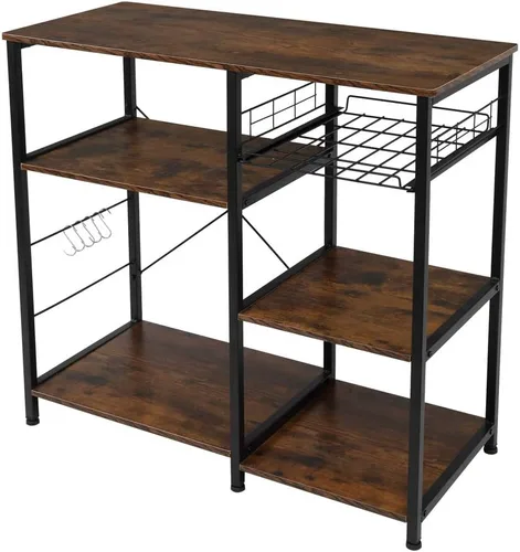 Miniatura 4 de Estante industrial para hornear de cocina con 5 ganchos y cesta de tirar, estante de almacenamiento para microondas, organizador de estación