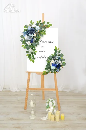 Miniatura 7 de Letreros florales de bienvenida de boda (paquete de 2), flores de arco de boda para decoración de boda y decoración de fondo de recepción (azul)