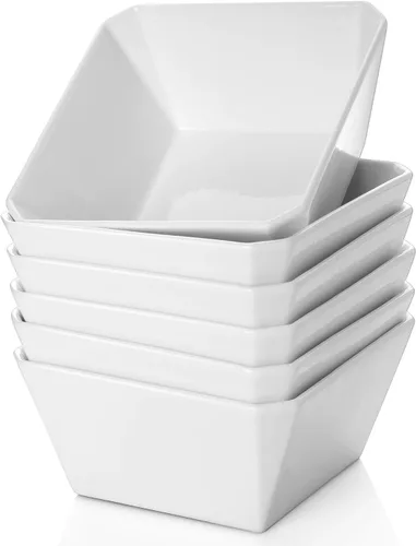 Samsle Juego de 6 cuencos de porcelana para cereales, cuadrados de 16 onzas, cuencos de cerámica blanca de 5 pulgadas para ensalada, sopa,