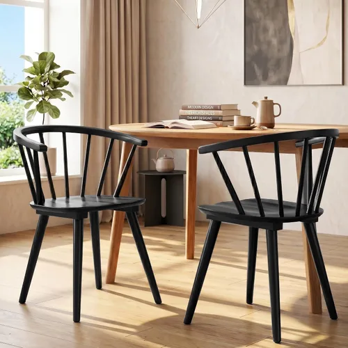 DUHOME Windsor - Juego de 2 sillas de comedor de madera negra, sillas de comedor con brazos, respaldo de husillo de granja, sillas de cocina de