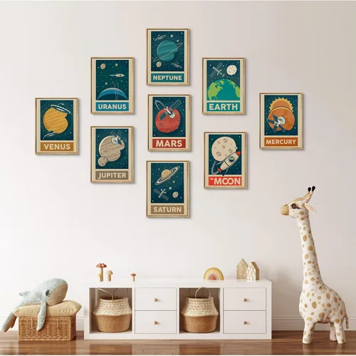 Miniatura 3 de 9 piezas de arte de pared retro del sistema solar para cuarto de niños, imágenes espaciales retroespaciales, galaxia, decoración de pared, pinturas