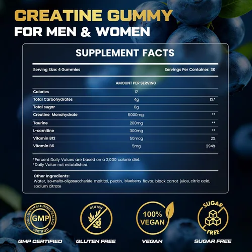 Miniatura 7 de Gomitas de creatina para hombres y mujeres, complejo 5 en 1 con taurina, L-carnitina, vitamina B12 y B6 músculo de apoyo, recuperación, 0.18 oz