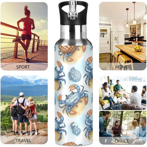 Miniatura 5 de Stainless Steel Vacuum Insulated Water Bottle 20 Oz, Leakproof Water Bottles for Gym Outdoor Travel School, Cute Blue Crabs Cartoon