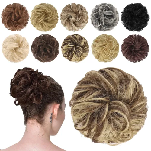 Miniatura 52 de FESHFEN - Pieza de pelo de moño desordenado - Extensiones de peinado con bandas elásticas rizadas y onduladas, extensiones de cabello sintético