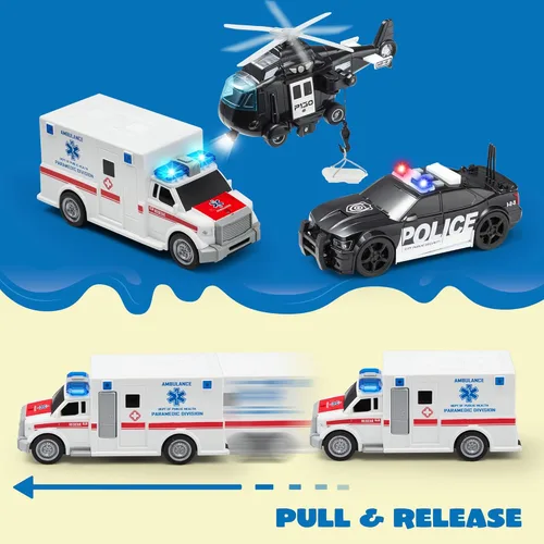 Miniatura 6 de JOYIN Camión de juguete para niños de 3, 4, 5, 6, 7 años, juego de vehículos de policía, juego de vehículos de emergencia, automóvil alimentado por