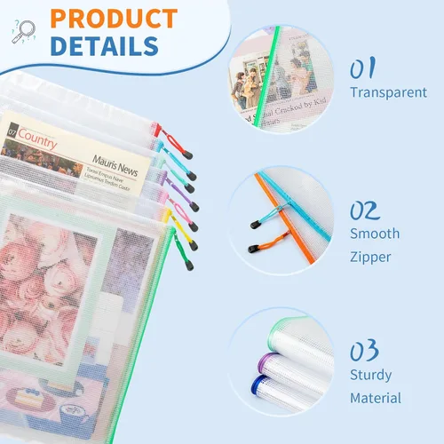 Miniatura 4 de Umriox 16 bolsas con cremallera, bolsas de malla con cremallera, 16 colores A4 / bolsas de tamaño carta para organización, bolsas transparentes