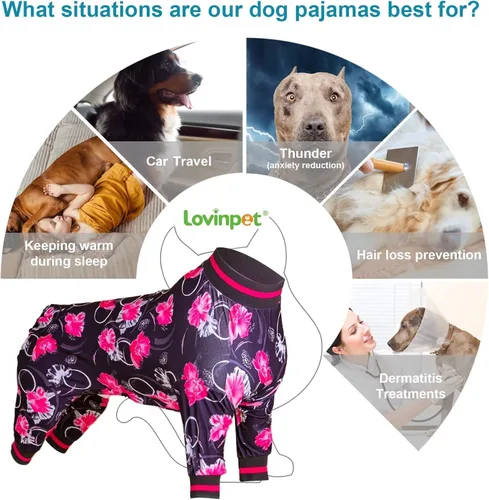 Miniatura 4 de LovinPet Pijamas 3XL para Perros - Camiseta Interior para Sudaderas de Perro, Camisa de Recuperación Quirúrgica para Perros, Estampado Floral Negro