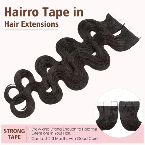 Miniatura 4 de Hairro Extensiones de cabello humano ondulado con cinta, cabello largo y fino, 12 pulgadas, 1.41 onzas, 20 unidades, color negro suave, sin