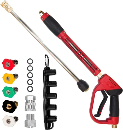 Hourleey - Pistola de lavado a presión, pistola de lavado de alta potencia roja con extensión de varilla de repuesto, 5 puntas de boquilla, ajustes