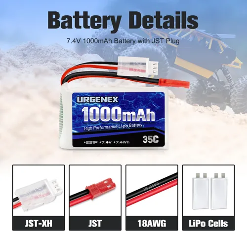 Miniatura 3 de 2S Lipo Batería 7.4V 1000mAh 35C (Burst 70C) Batería recargable RC con enchufe JST compatible con WLtoys RC Cars A949 A959 A969 A979 K929