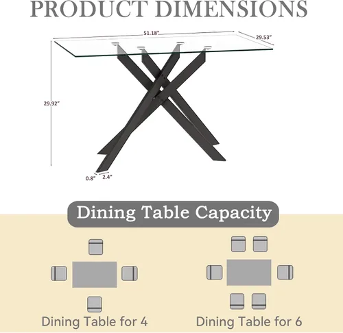Miniatura 3 de SSLine Mesa de comedor moderna de cristal, rectangular de 51 pulgadas, color negro con patas de metal diseñadas en X para cocina y comedor
