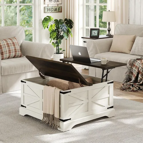 Miniatura 14 de Furnideco - Mesa de centro de granja con superficie elevable, mesa central cuadrada de madera con gran compartimento de almacenamiento oculto