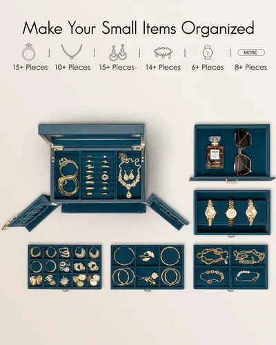 Miniatura 3 de Vlando Joyero grande, cajas de joyería y organizadores de 6 niveles, estuche de almacenamiento de joyas con espejo con 5 cajones, reloj de piel