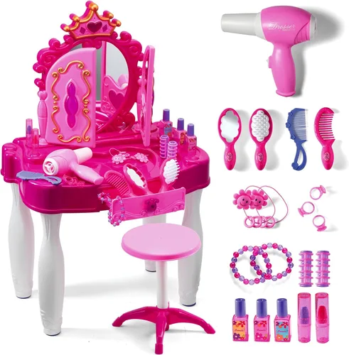 Play22 Juego de tocador para niñas con espejo y taburete, 21 piezas, juego de mesa de maquillaje para niños con luces y sonidos, incluye accesorios