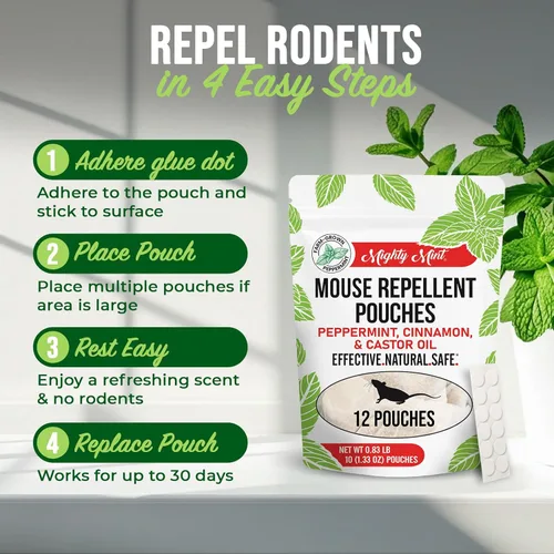 Miniatura 4 de Mighty Mint Bolsas repelentes de ratones, fórmula de menta, aceite de ricino y canela, disuasorio natural para ratones y roedores, protección a base