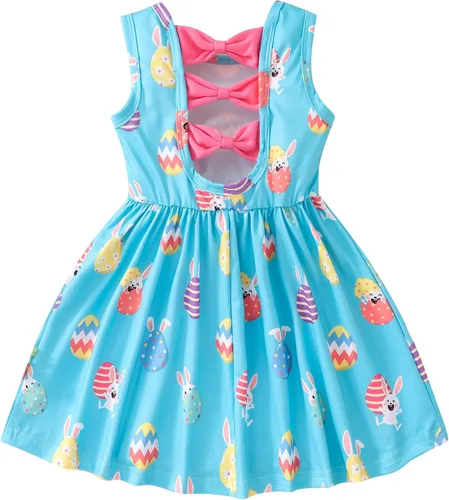 Miniatura 22 de Popshion Vestidos de verano para niñas con estampado de leopardo, vestido con lazo en la espalda, ropa de dinosaurio, sin mangas, para niños
