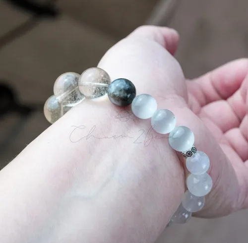Miniatura 194 de Precious Gemstone Natural Crystal Healing Bracelet, Rutilated Quartz, Moonstone, Quartz Handmade Original Design Bracelet