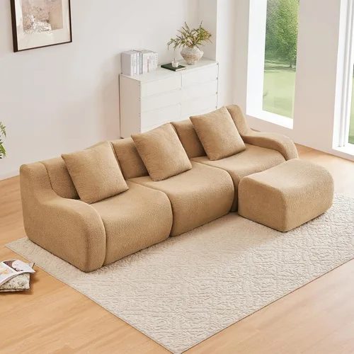 Miniatura 13 de Otomana de tela de peluche negra, moderno reposapiés modular sin hueso en una caja para sala de estar, cómodo diseño de asiento profundo,