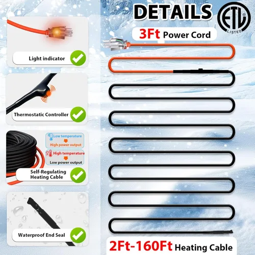 Miniatura 7 de HEATIT Cable calefactor de tubo autorregulador de 30 pies para protección contra congelación de tuberías, cable térmico para tuberías de agua, cinta