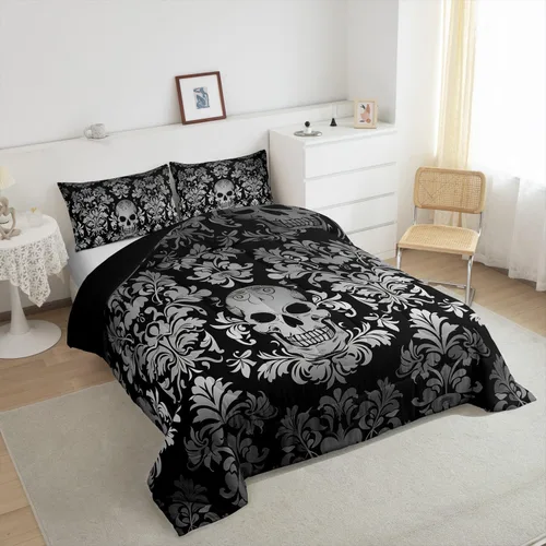 Miniatura 4 de Juego de ropa de cama de damasco gris para adultos, juego de edredón barroco victoriano antiguo tamaño King, edredón floral gótico vintage, inserto