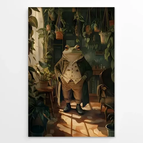 Póster vintage de rana botánica retro, arte de pared de animales para amantes de las plantas, impresión humorística victoriana de rana caballero,