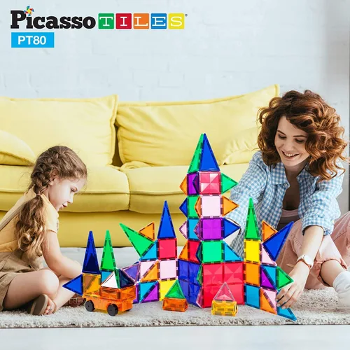 Miniatura 5 de PicassoTiles Figuras de avión + 80 piezas de azulejos magnéticos de diamante + 2 piezas para automóvil, paquete de expansión de 4 imanes de acción