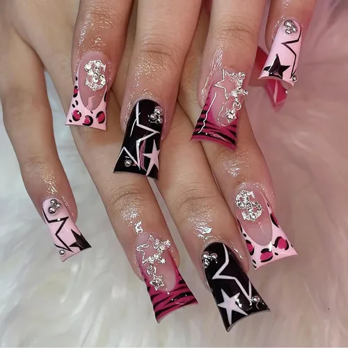 Miniatura 15 de 24 uñas postizas a presión de punta francesa negra, uñas postizas largas cuadradas, color rosa, cobertura completa, con diamantes de imitación, L1.