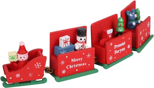 Juego de tren de madera de Navidad de cuatro secciones, mini trineo para fiesta de Navidad, decoración de mesa, muñeco de nieve, adornos de trineo,